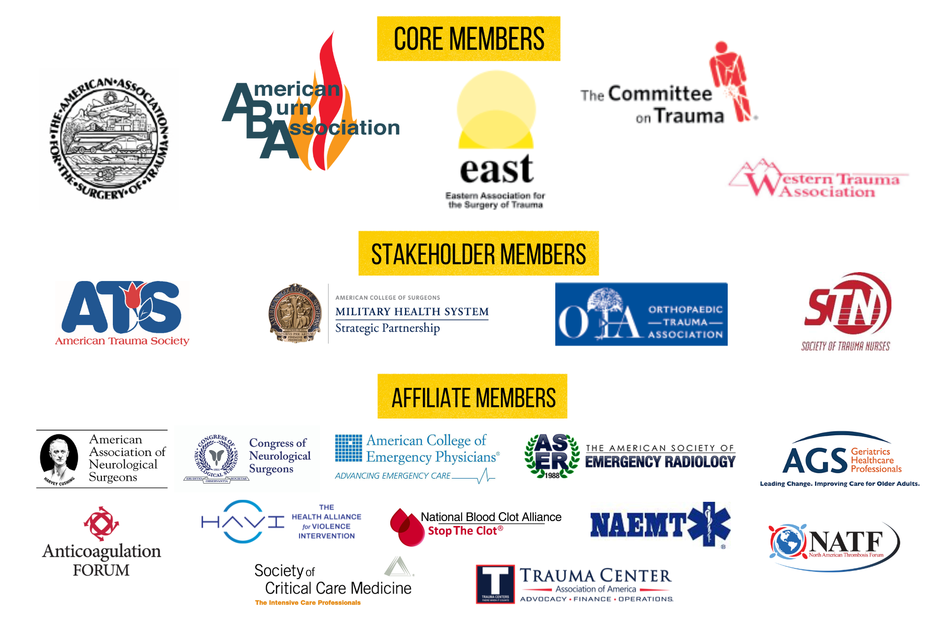 Logos of the 20 Core, Stakeholder and Affiliate members of the Coalition for National Trauma Research